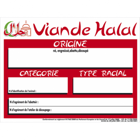 Pancarte 20x15cm Traçabilié Viande Halal + fil nylon